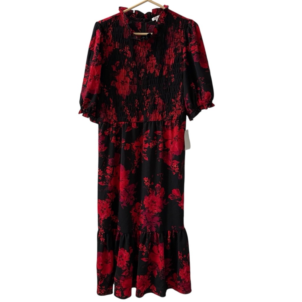 London Times Red Black Floral Midi Dress NWT